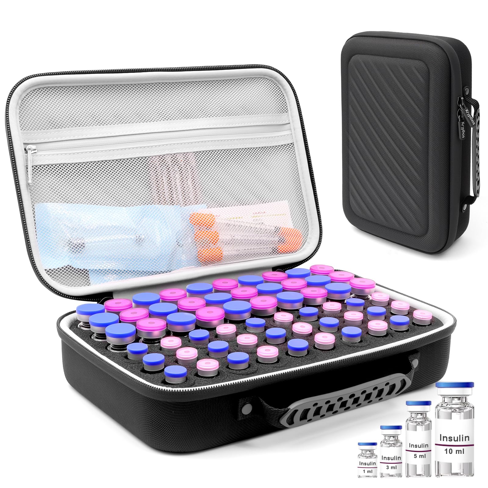 Krypthos insulin vial protector case with 60 slots keeps vials organized and secure.