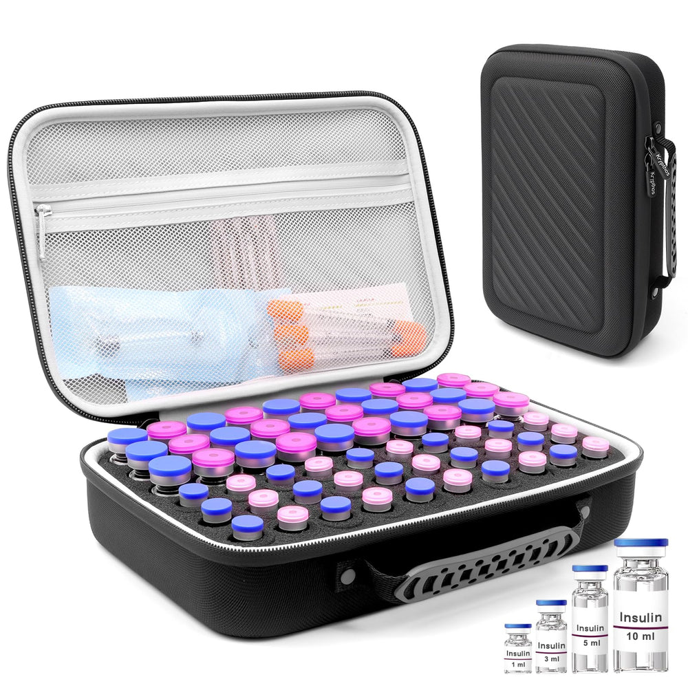 Krypthos insulin vial protector case with 60 slots keeps vials organized and secure.