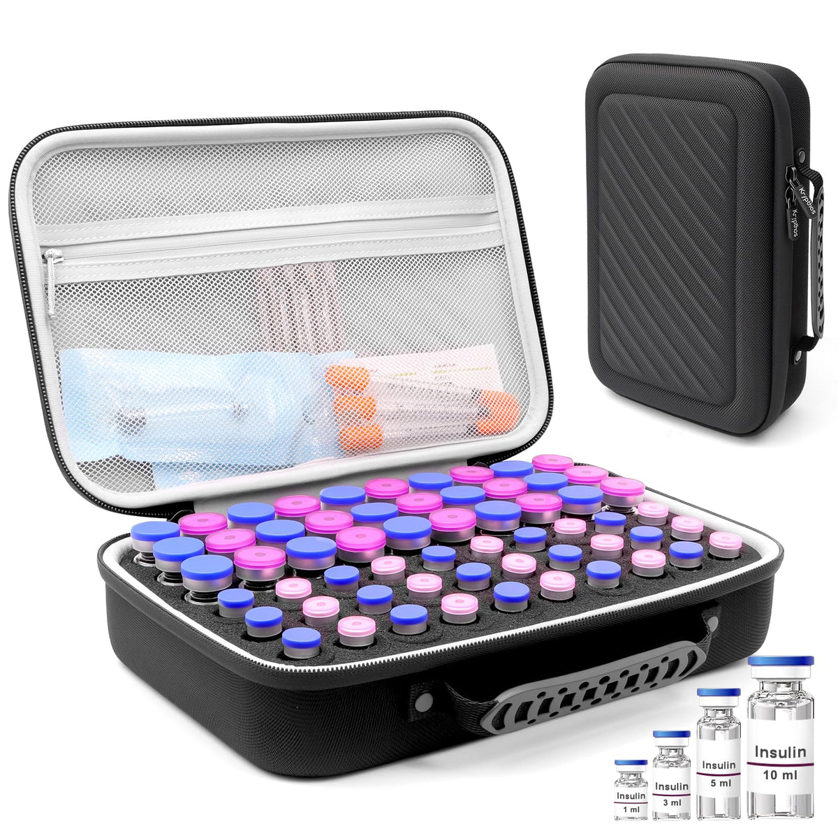 Krypthos insulin vial protector case with 60 slots keeps vials organized and secure.