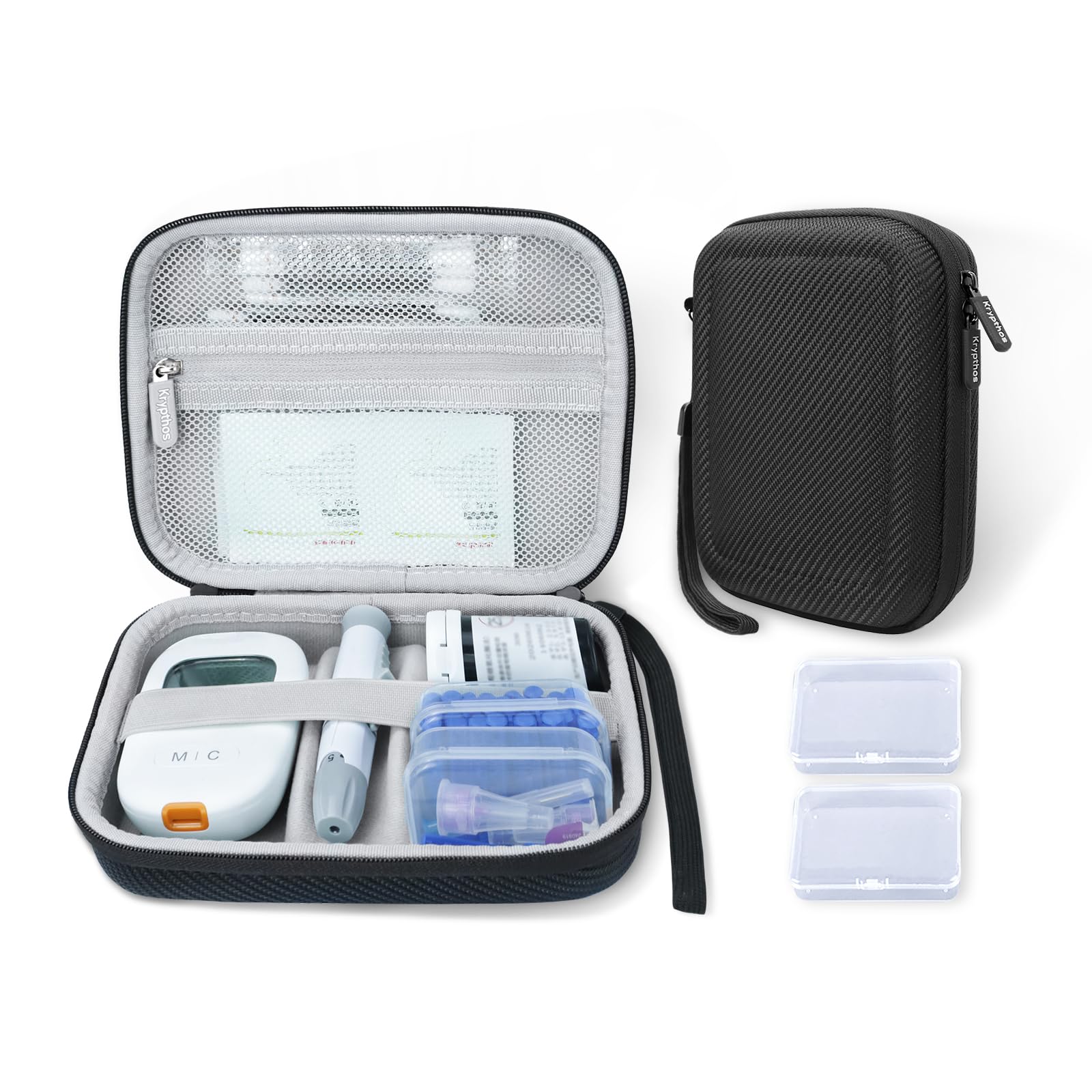 Krypthos travel case closed view protecting diabetes supplies on the go.