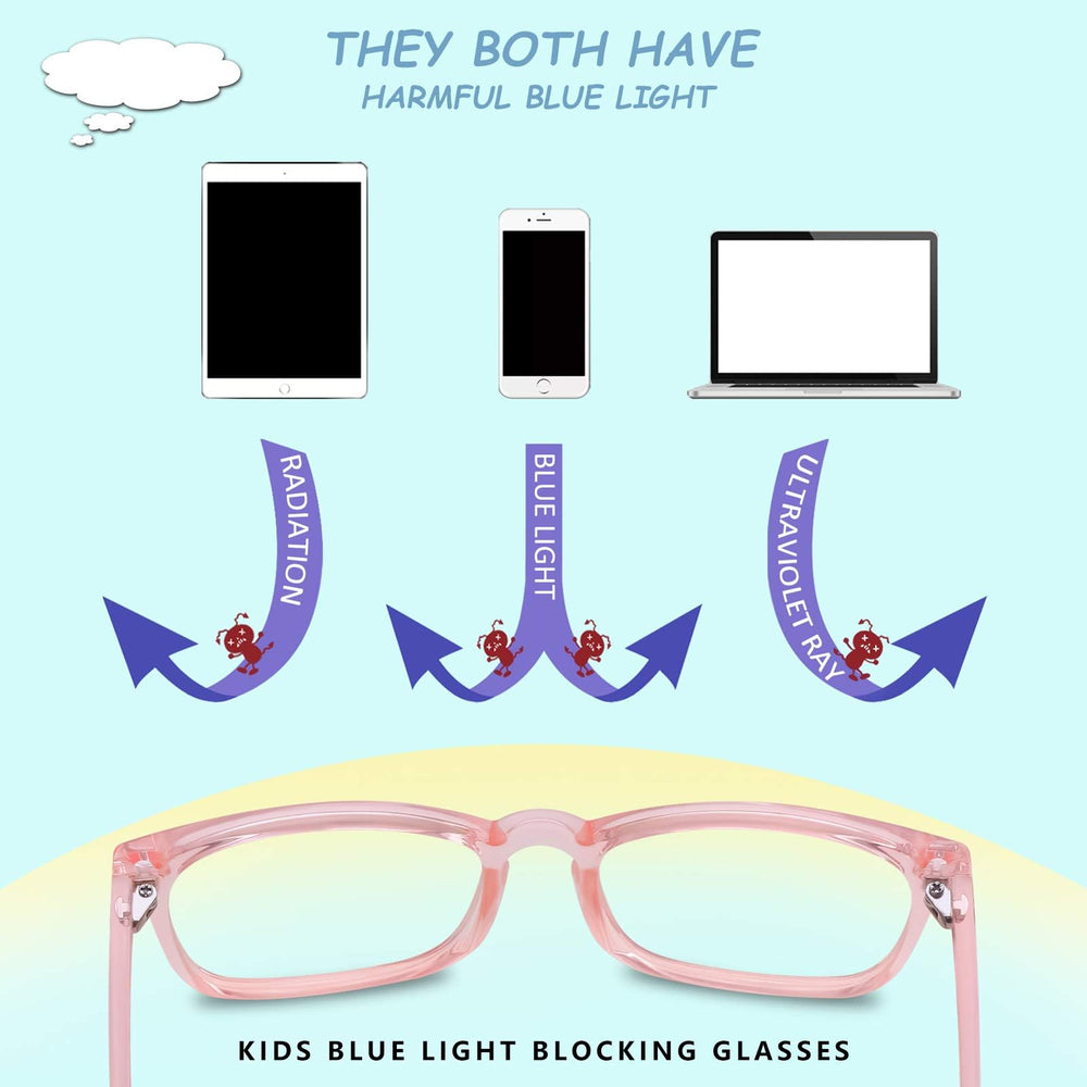 KUGUAOK kids blue light glasses on desk; ideal for computer and study sessions