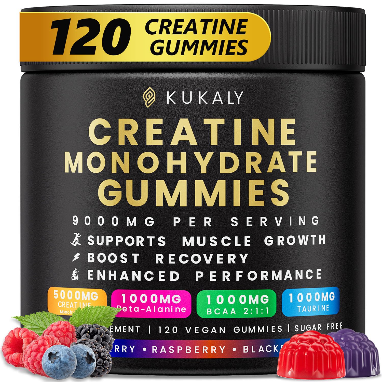 Kukaly Creatine Gummies in mixed flavors for convenient pre-workout energy.