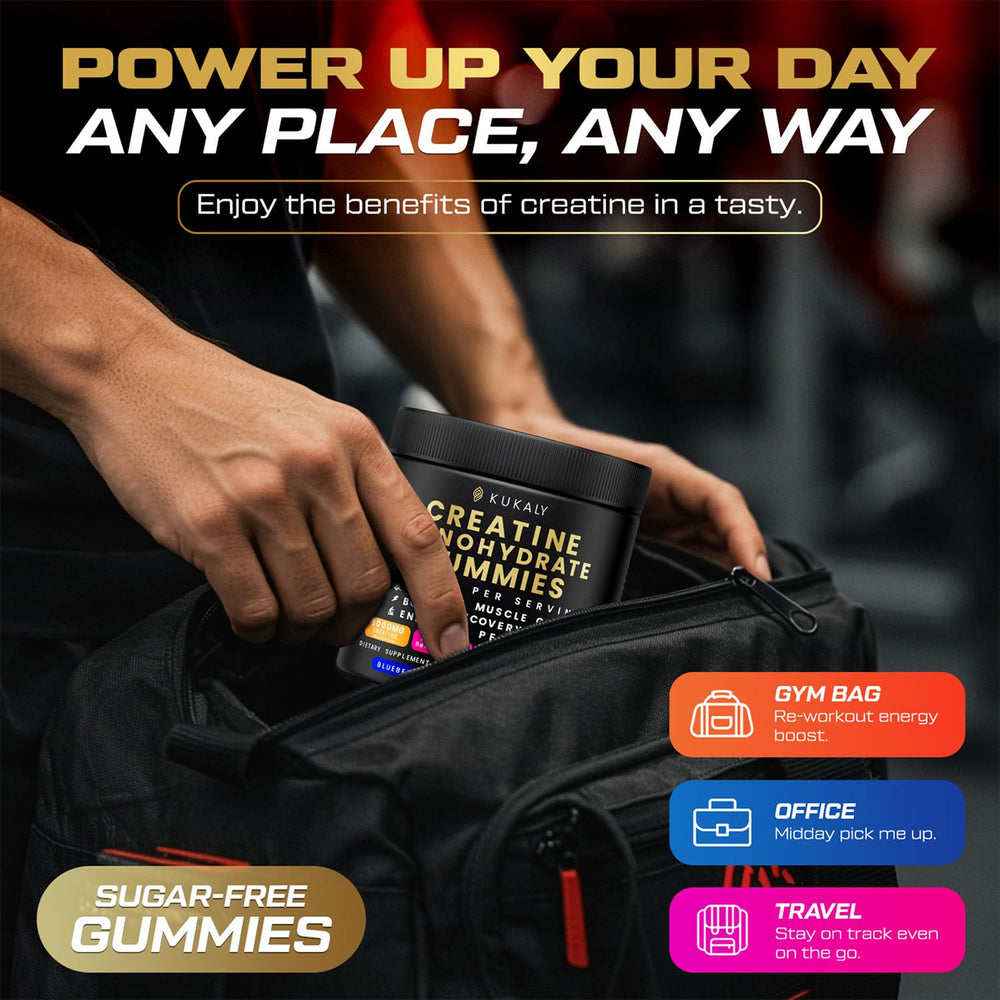 Portable bottle of Kukaly gummies for on-the-go recovery after workouts.