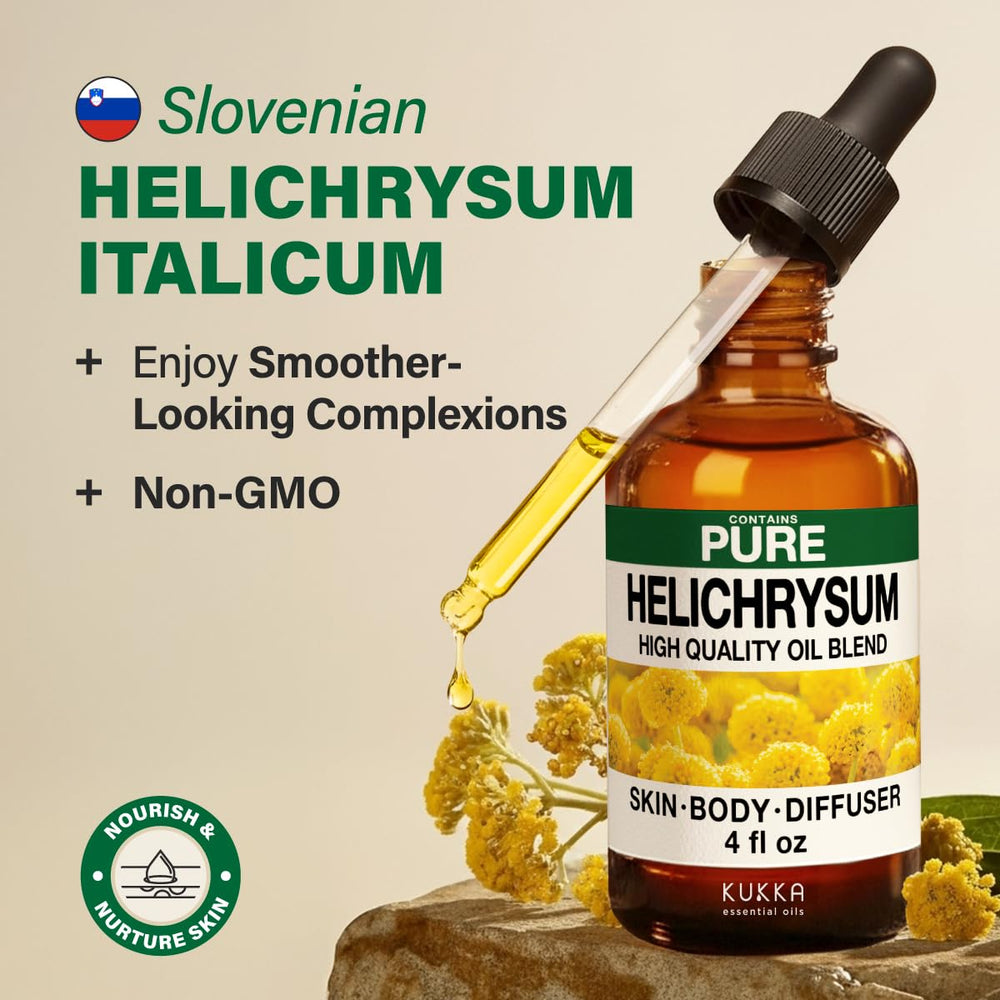KUKKA Helichrysum oil label close up showing origin and quality