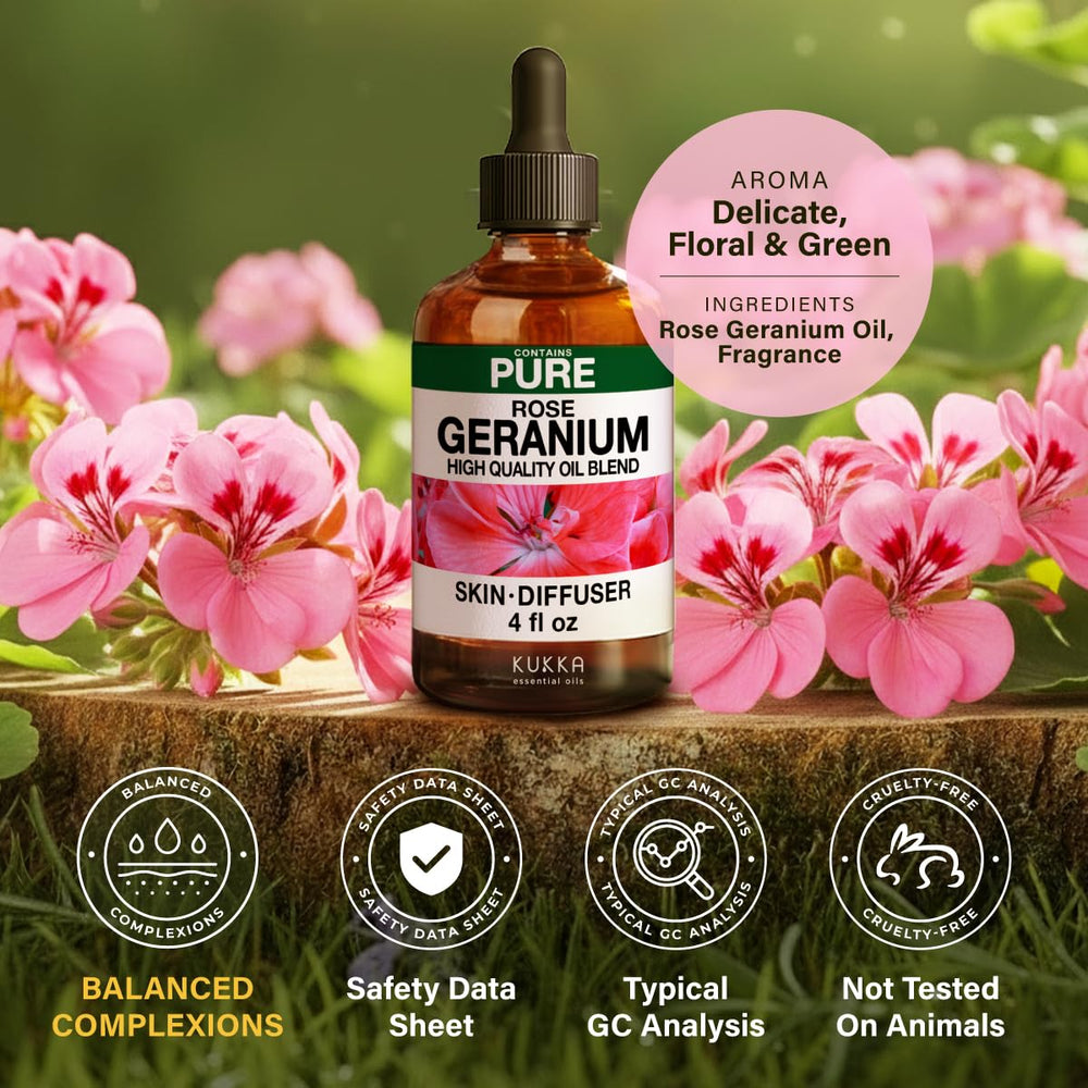 KUKKA Rose Geranium Oil packaging shows new and vintage options.