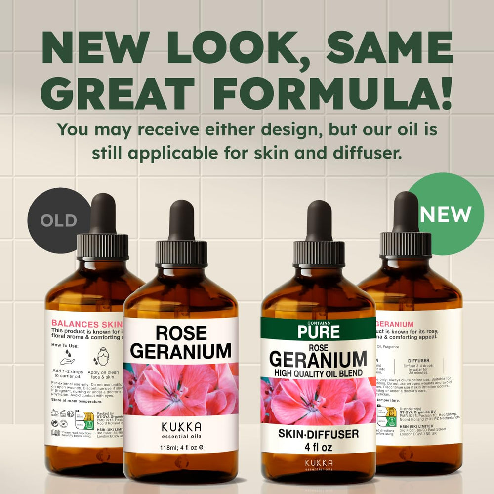 KUKKA Rose Geranium Oil bottle close-up signals premium quality.