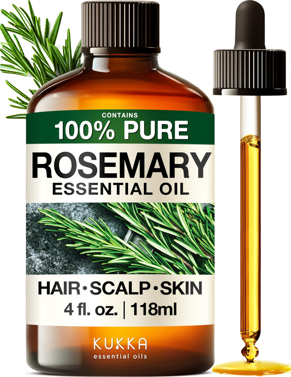 KUKKA Rosemary essential oil bottle being poured for hair nourishment.