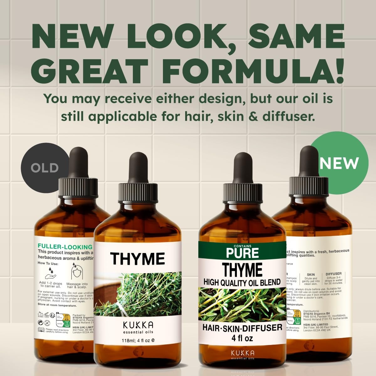 KUKKA packaging options show new and old designs for thyme oil