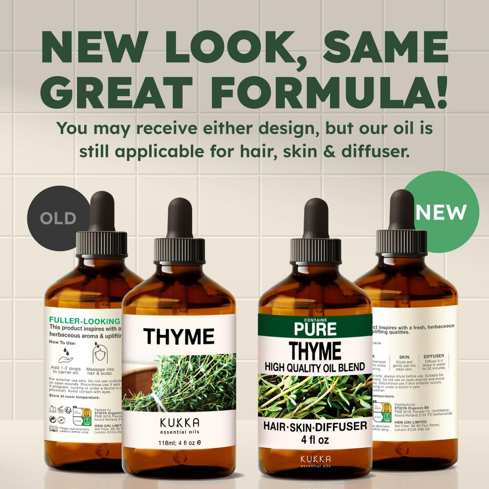 KUKKA packaging options show new and old designs for thyme oil