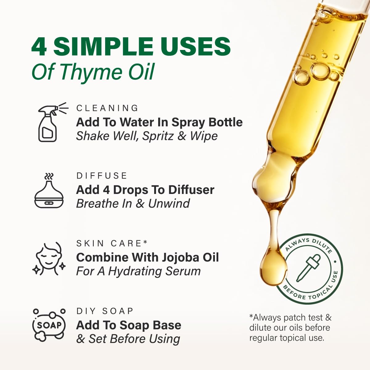 KUKKA Thyme Essential Oil with dropper suggests skincare applications, safely diluted