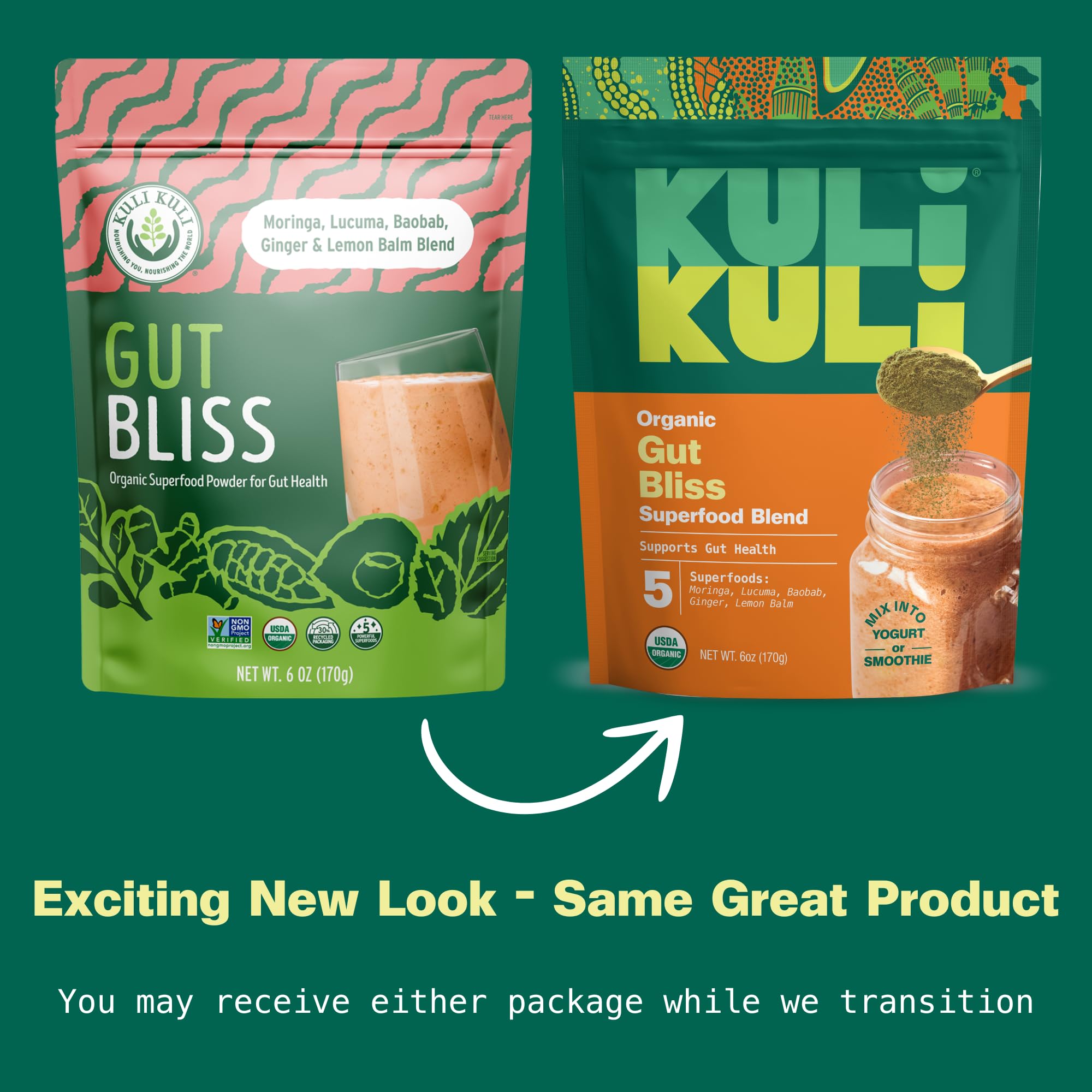 Kuli Kuli Gut Bliss dispensing scoop shows convenient serving for smoothies.