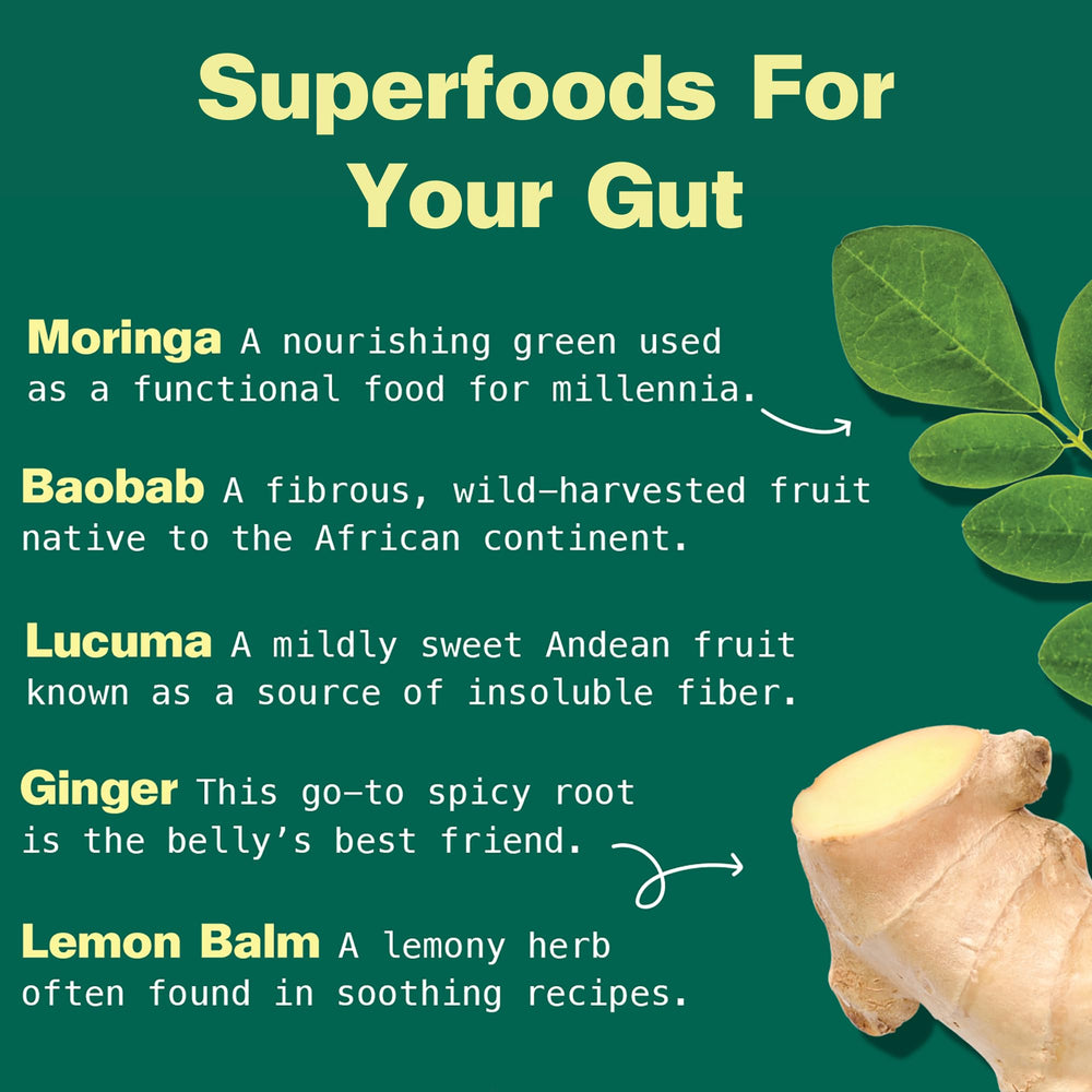 Kuli Kuli Gut Bliss ingredients bowl highlights moringa, baobab and lucuma.