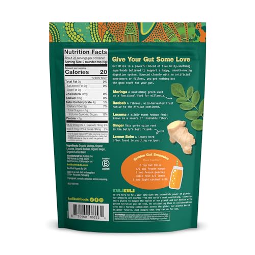Kuli Kuli Gut Bliss jar label closeup highlighting moringa and baobab ingredients.