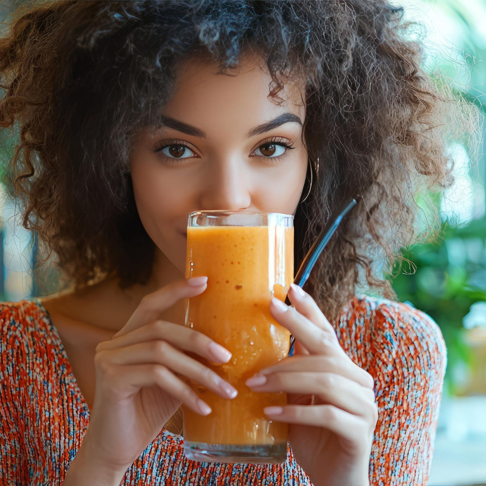 Kuli Kuli Gut Bliss morning smoothie poured with vibrant greens.