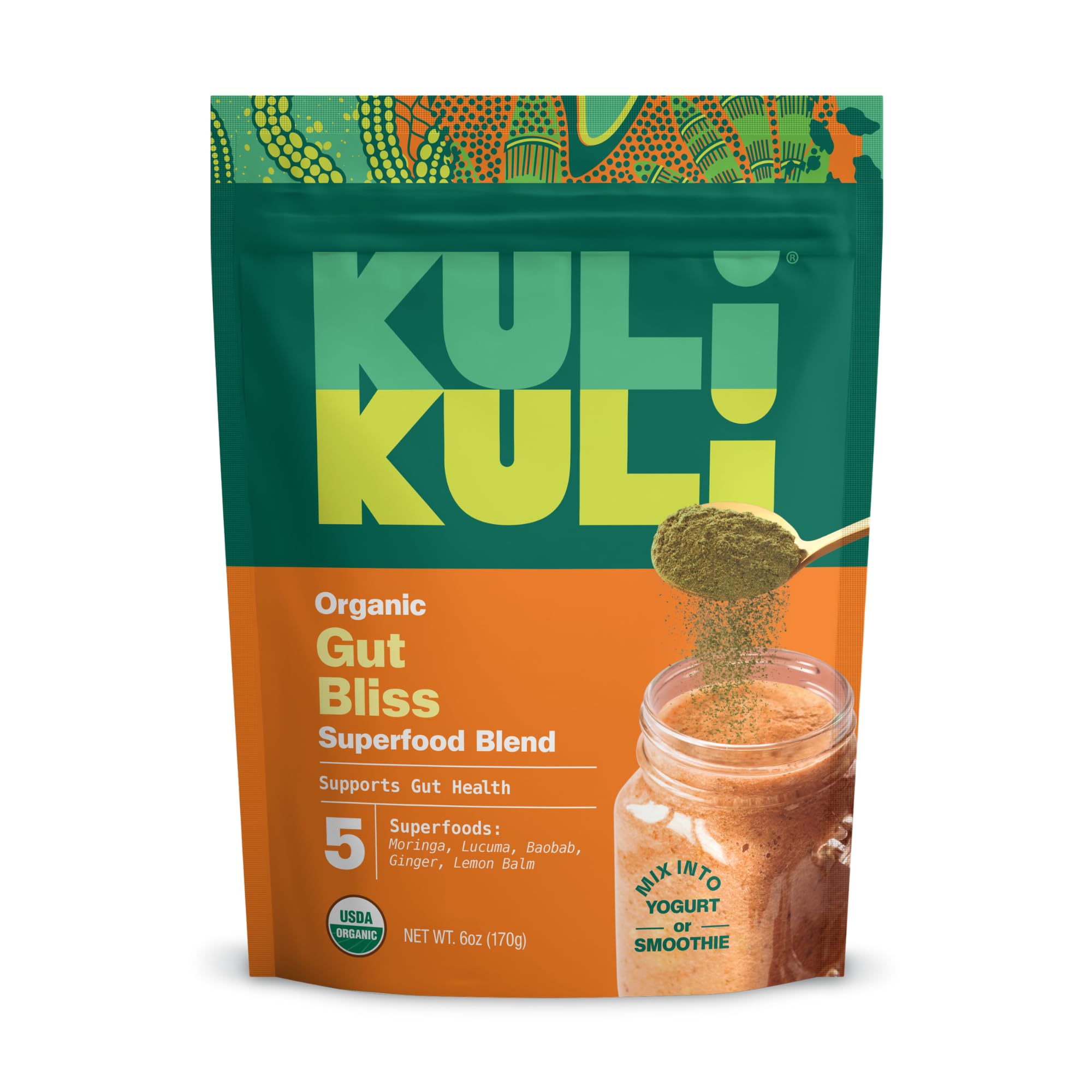 Kuli Kuli Gut Bliss powder tub front with organic ingredients for digestive comfort and daily energy.