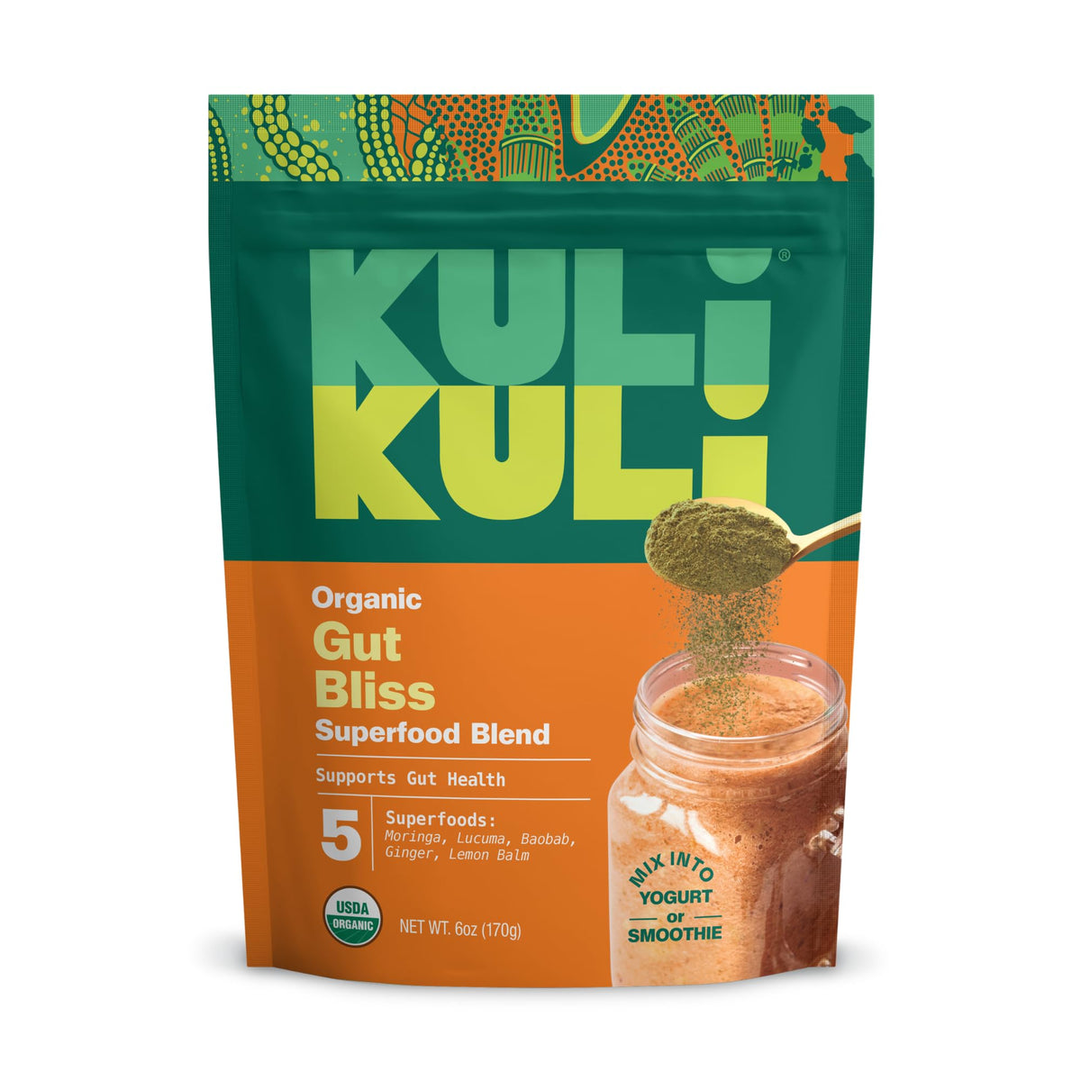 Kuli Kuli Gut Bliss powder tub front with organic ingredients for digestive comfort and daily energy.