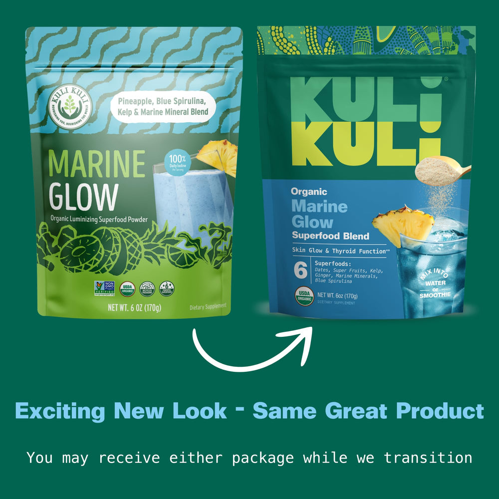 Kuli Kuli Marine Glow horsetail kelp highlights marine minerals for radiant skin.