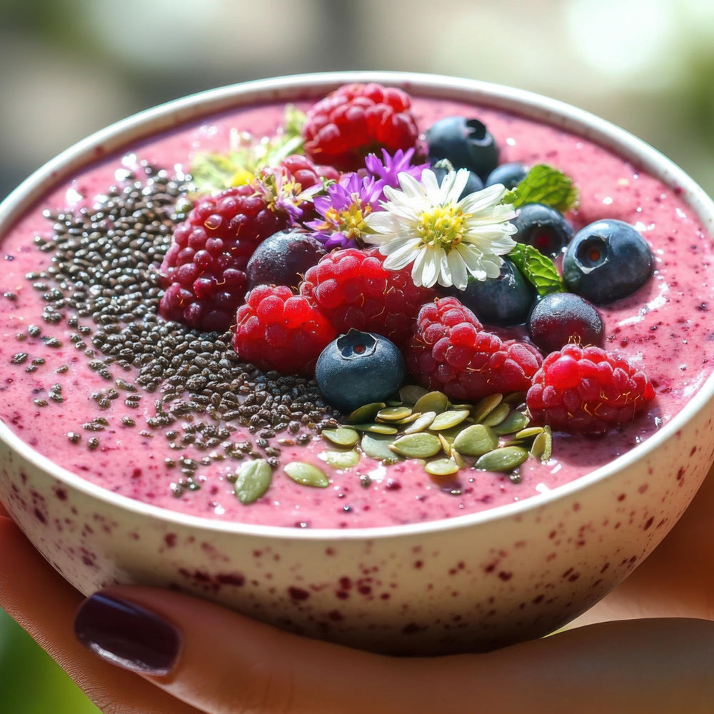 Ingredients collage featuring maca, baobab, hibiscus and cinnamon from Mood Magic
