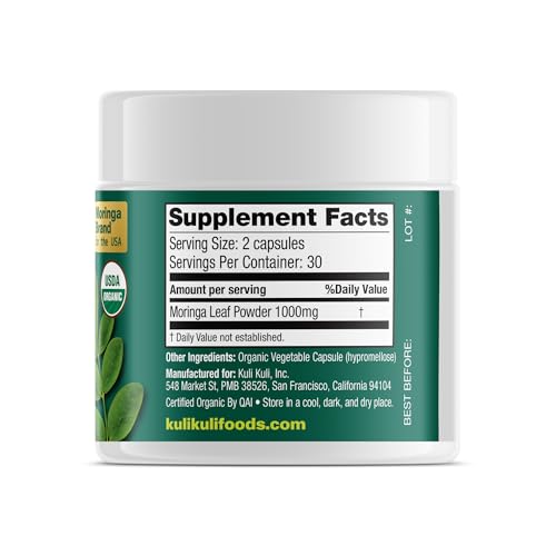 Kuli Kuli Moringa capsules bottle back showing ingredients and sourcing