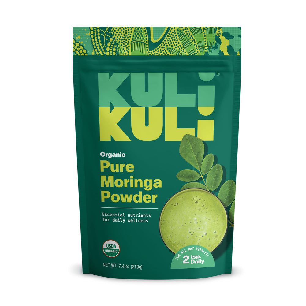 Kuli Kuli Moringa powder jar shows pure organic greens for meals.