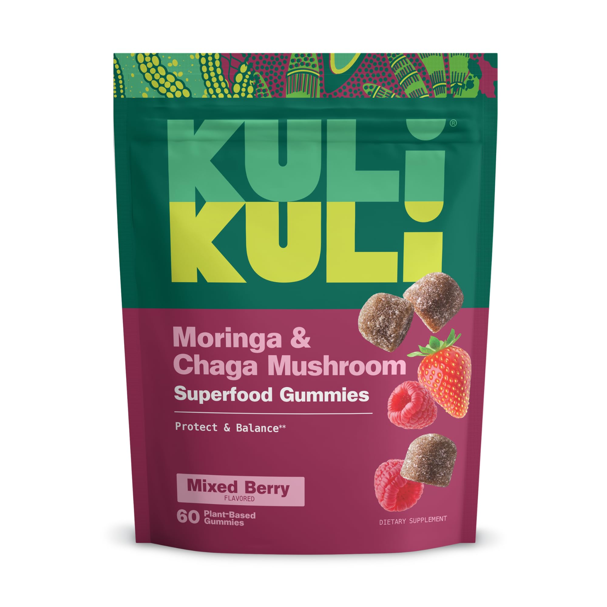 Kuli Kuli Super Energy Gummies bottle front view for caffeine-free energy boost.