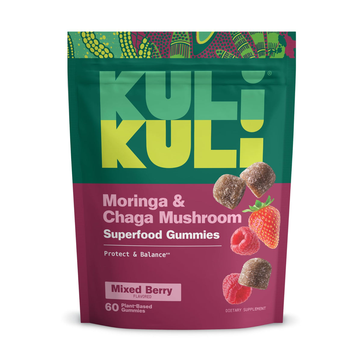 Kuli Kuli Super Energy Gummies bottle front view for caffeine-free energy boost.