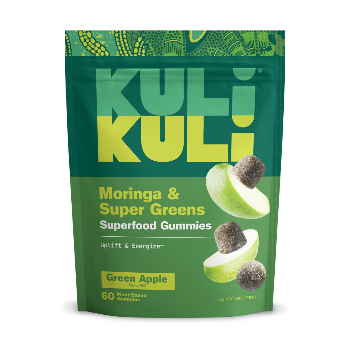 Kuli Kuli Super Energy Gummies bottle on desk for caffeine-free energy lift.