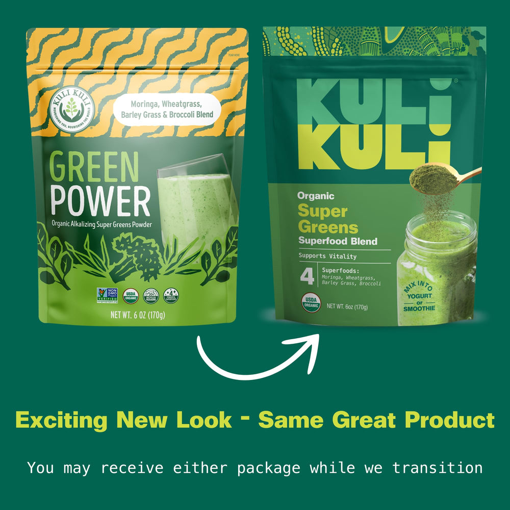 Kuli Kuli Green Power scoop in jar for an easy smoothie boost.