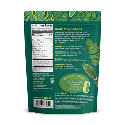 Kuli Kuli Green Power packaging front shows organic certification and clean ingredients.