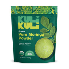 Kuli Kuli Moringa powder jar showing organic, non-GMO quality for daily greens
