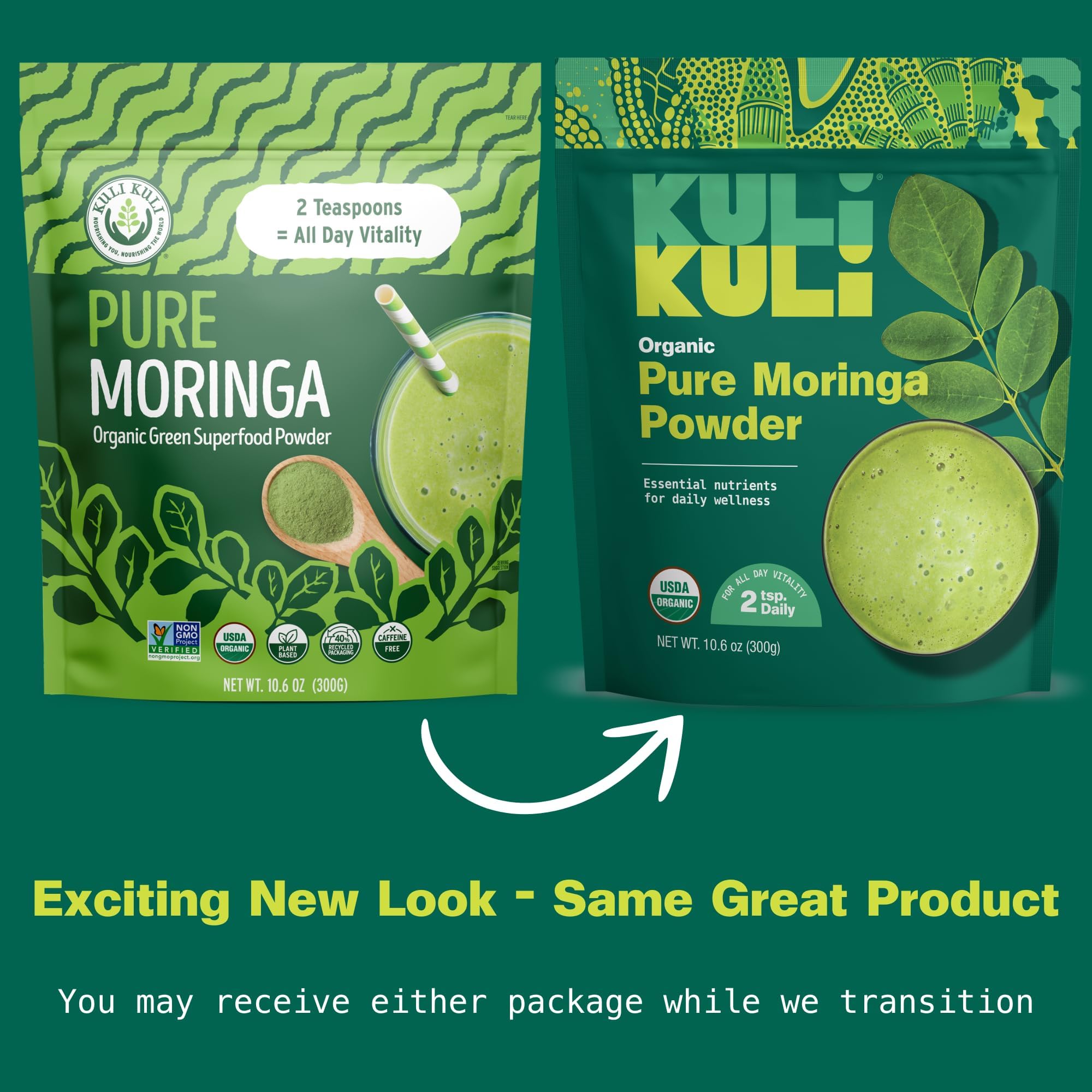 Smoothie featuring Kuli Kuli Moringa powder with leafy greens boost