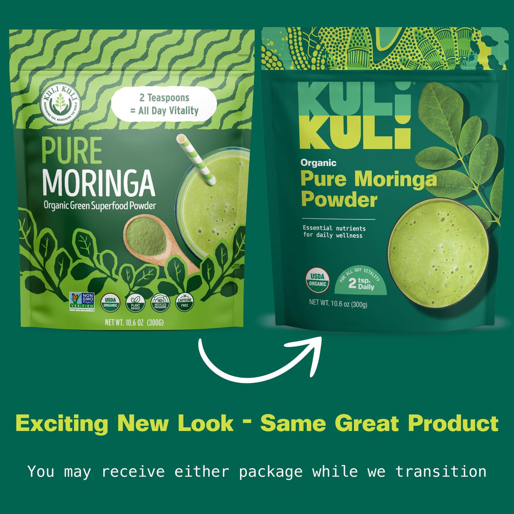 Smoothie featuring Kuli Kuli Moringa powder with leafy greens boost