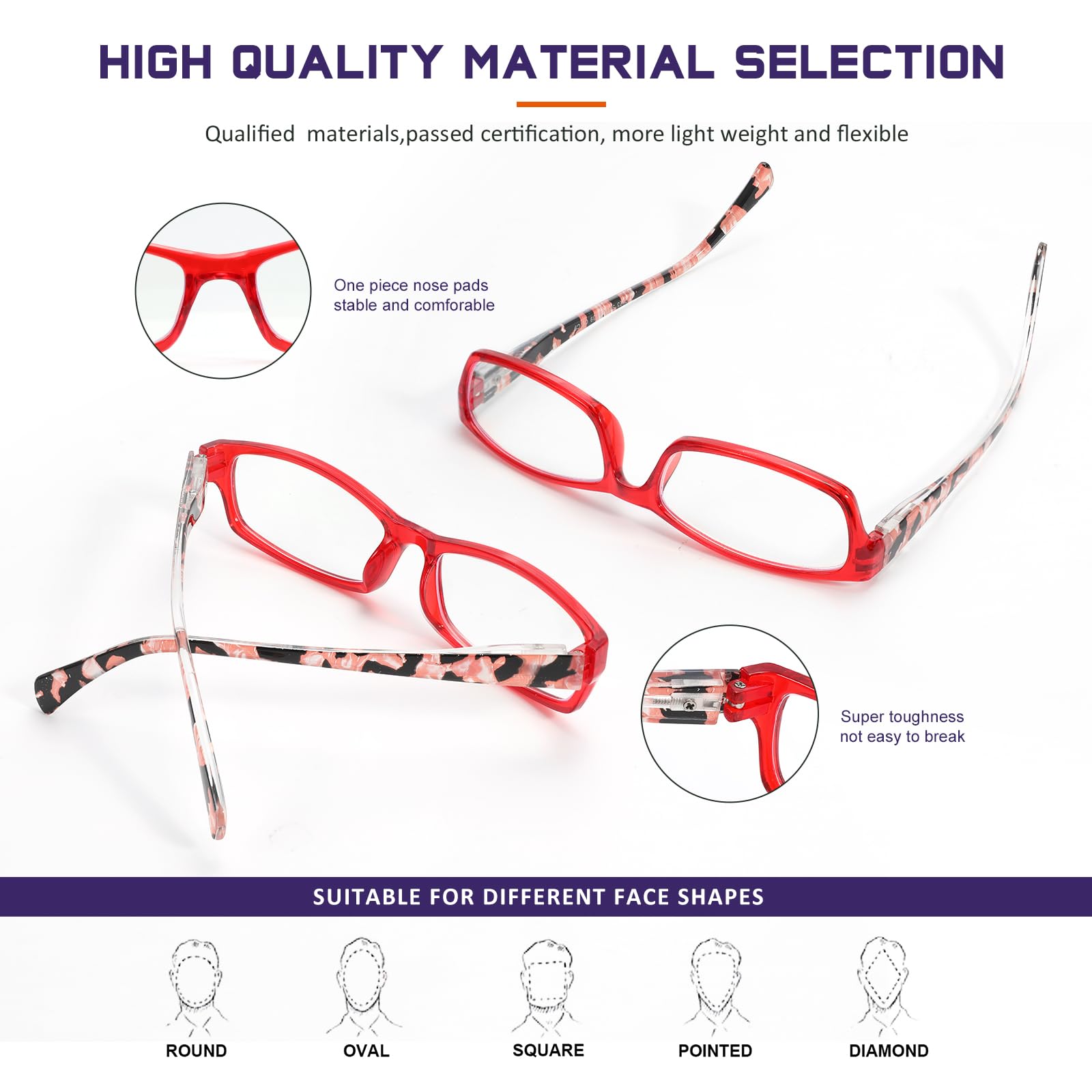 Kunchu five-pack reading glasses provide versatile looks for daily tasks and style variety.