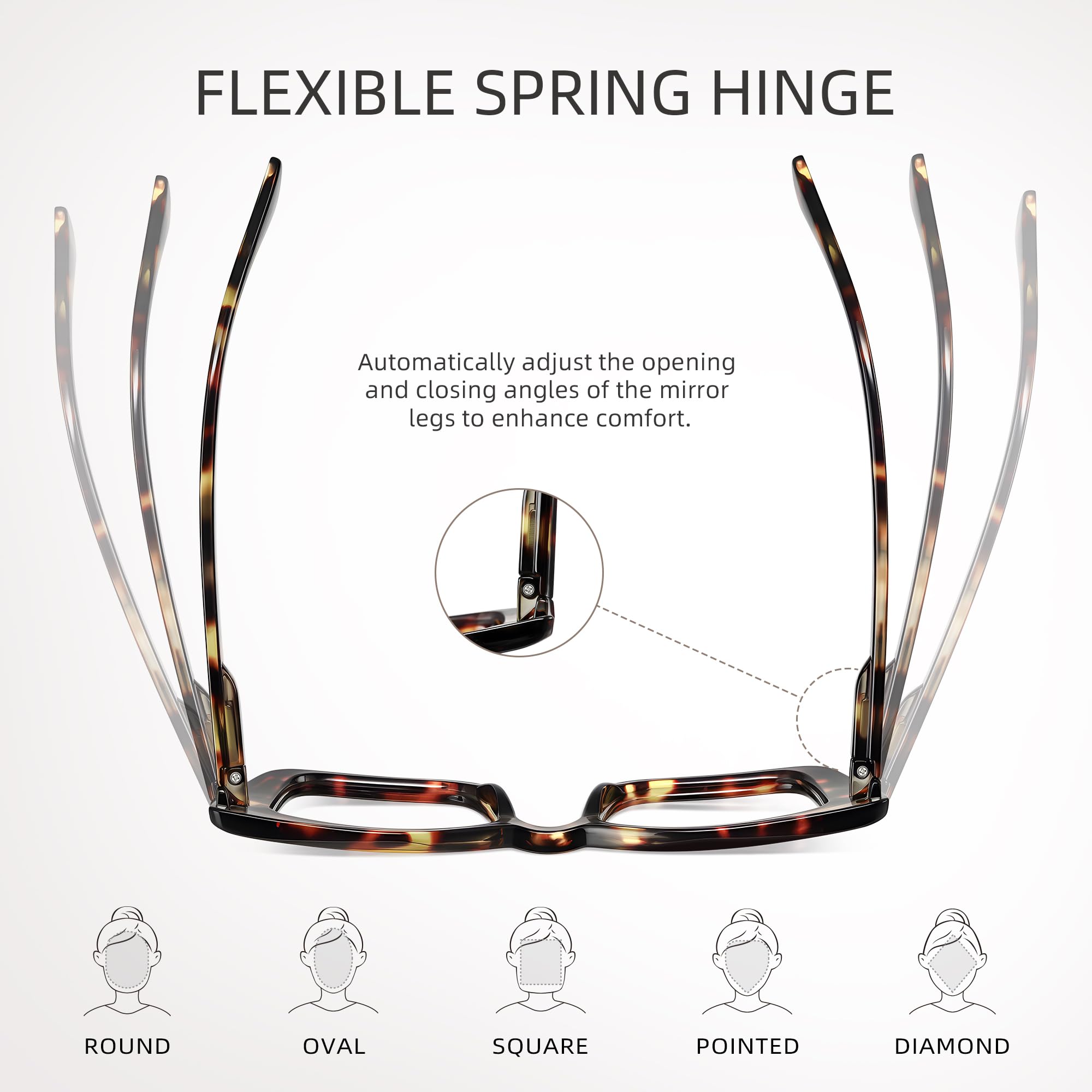 Bisagras de resorte en lentes kunchu para ajuste cómodo y sin pellizcos.