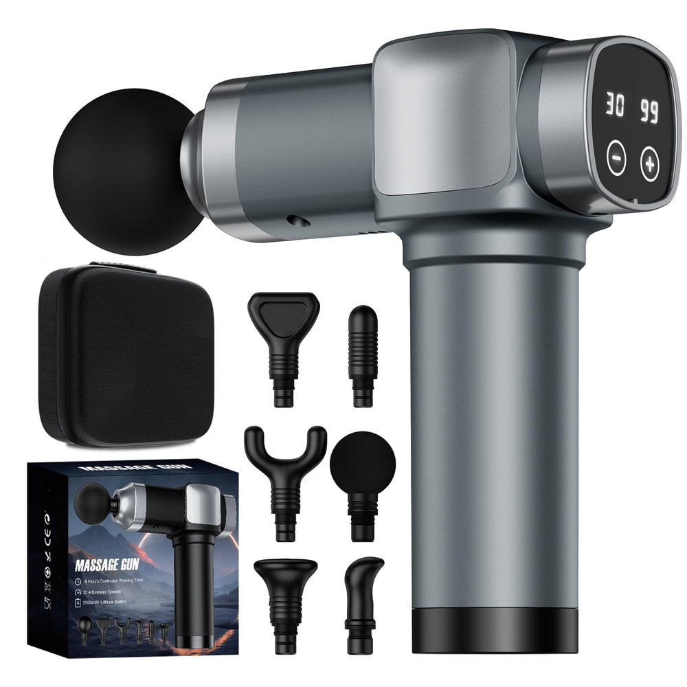 KUPAKY massage gun front view, compact design for home and travel use.