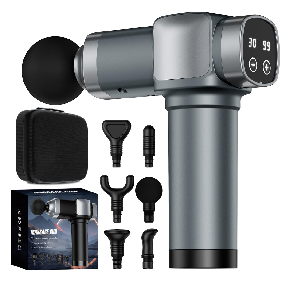 KUPAKY massage gun front view, compact design for home and travel use.