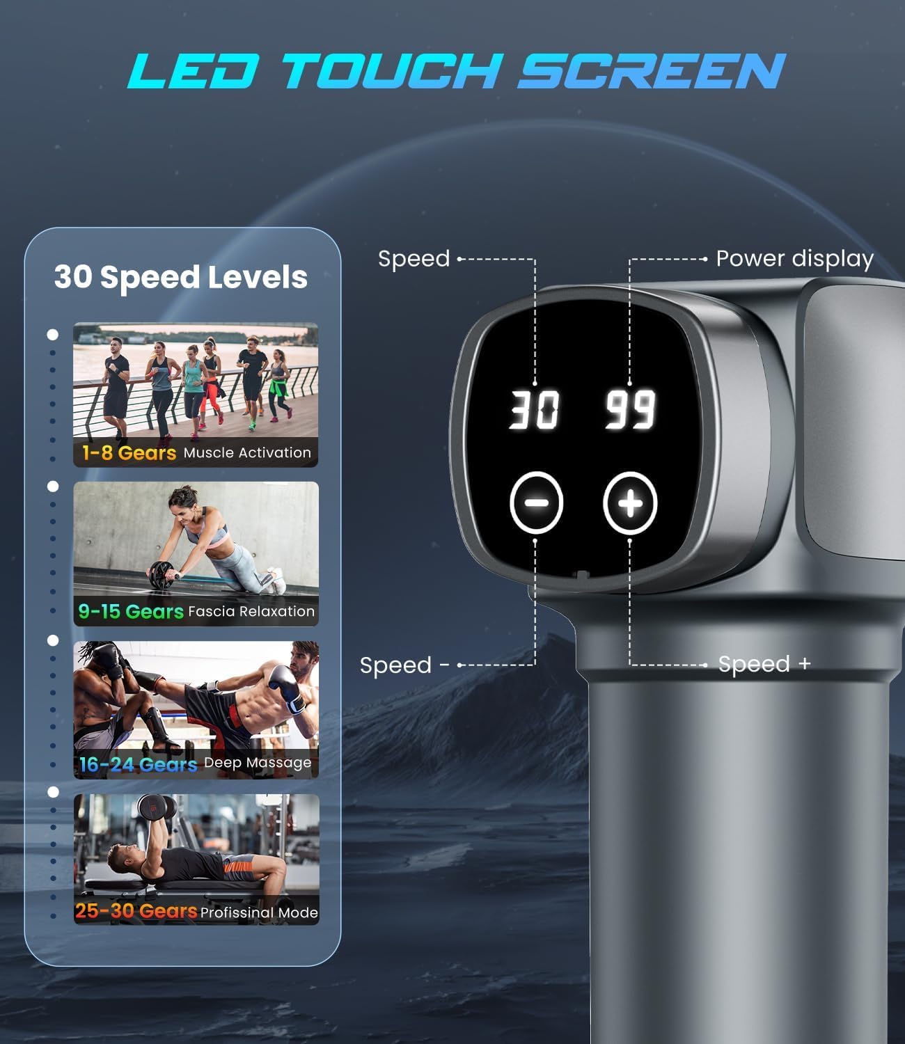 KUPAKY massage gun side view, ergonomic grip for comfortable handling.