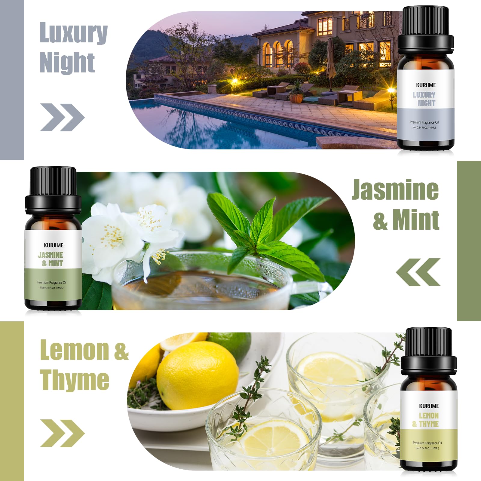 KURJIME Jasmine & Mint diffuser oil bottle with calming aroma for living spaces.