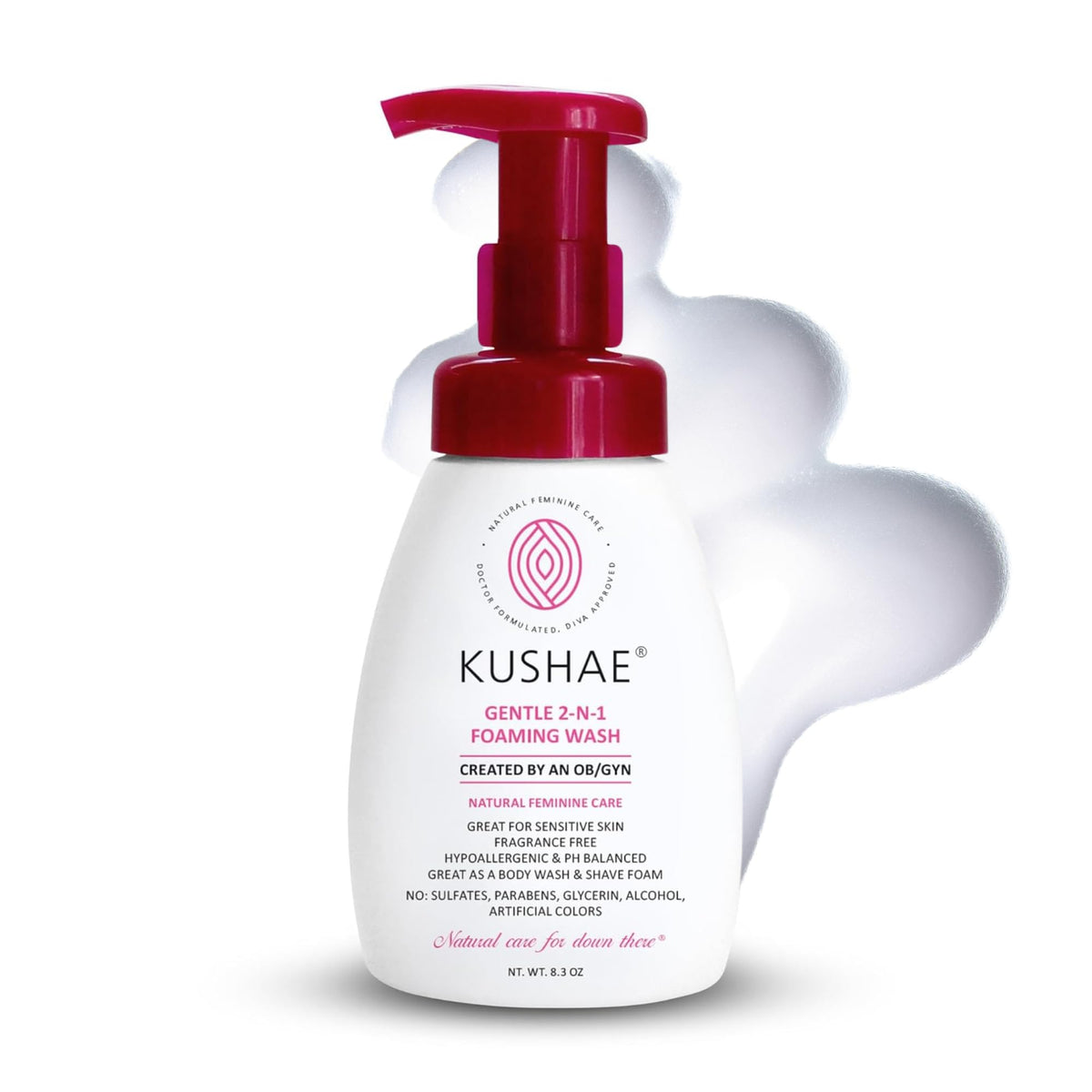 Kushae Gentle 2 in 1 foaming wash bottle on shelf, fragrance-free and pH balanced for daily care.