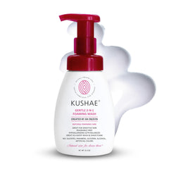 Kushae Gentle 2 in 1 foaming wash bottle on shelf, fragrance-free and pH balanced for daily care.