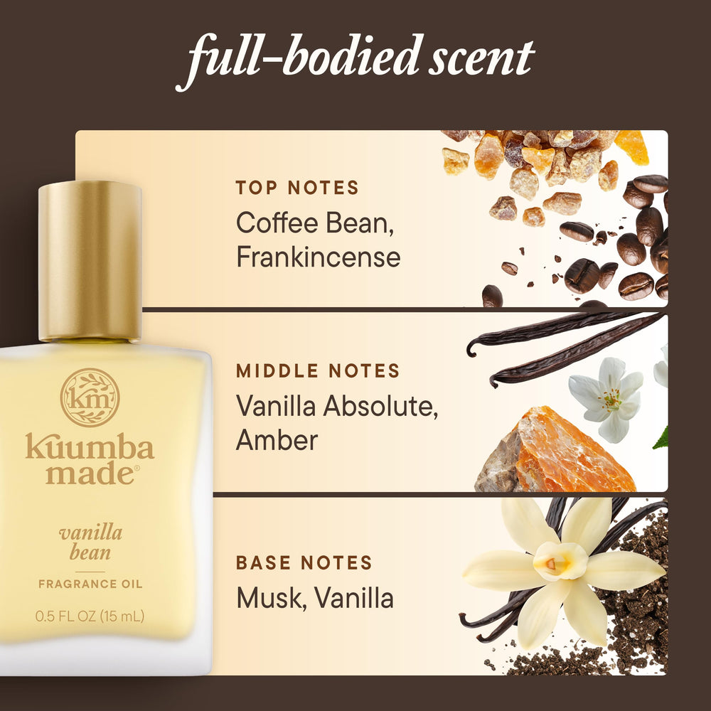 Kuumba Made Vanilla Bean Fragrance Oil amber glass bottle detail.
