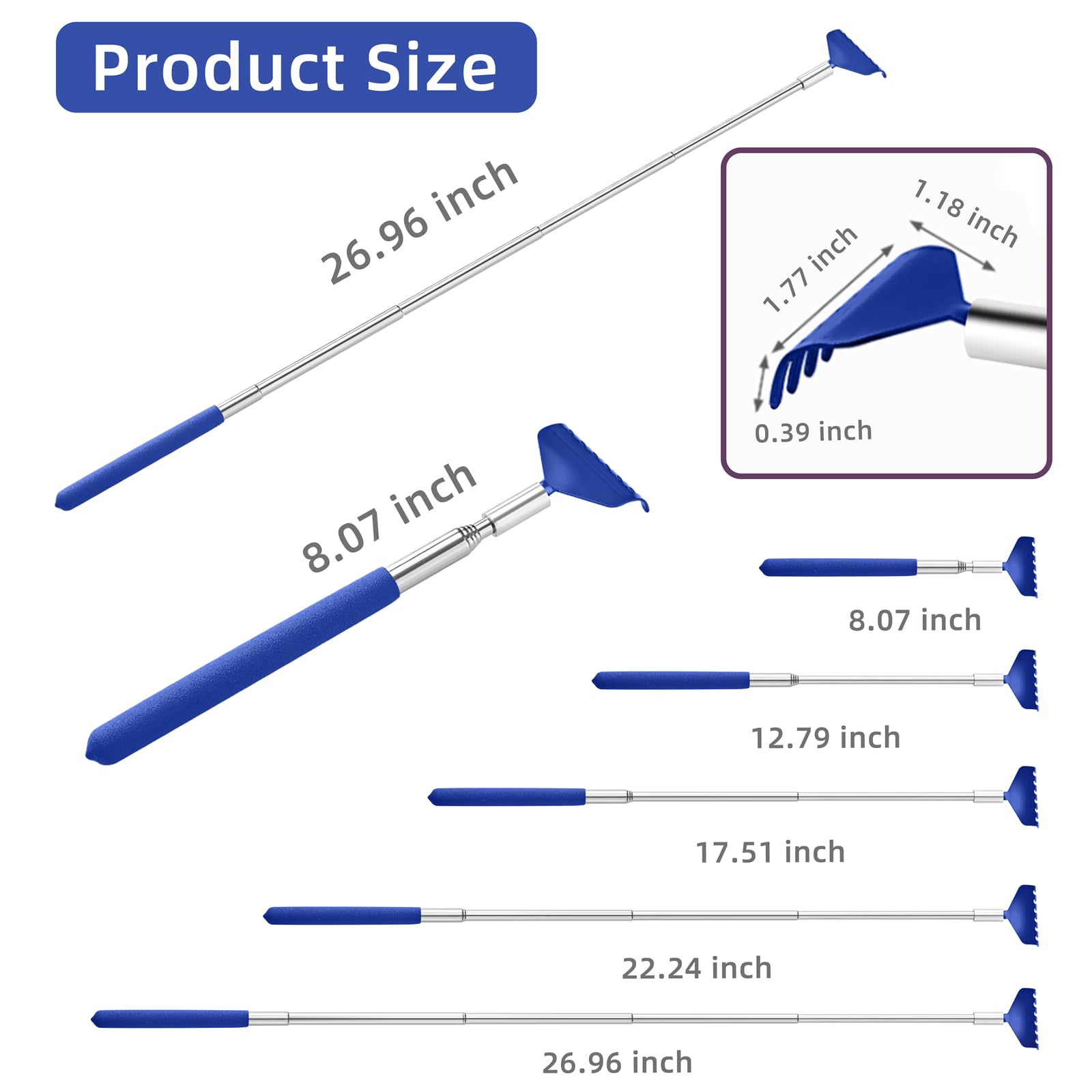 Kuvvfe back scratcher 8 inches retracted for compact travel storage.