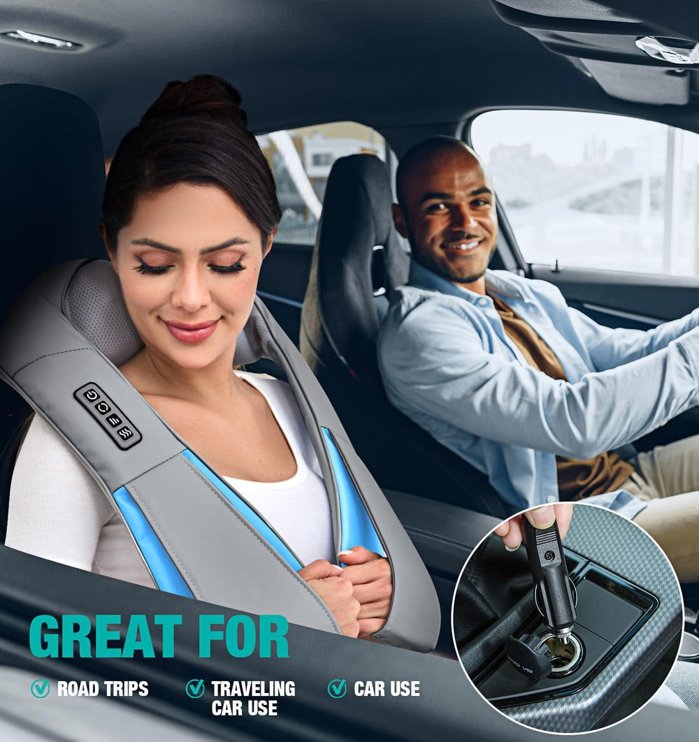 Kuzaro massager with AC and car adapters for home, office, travel.