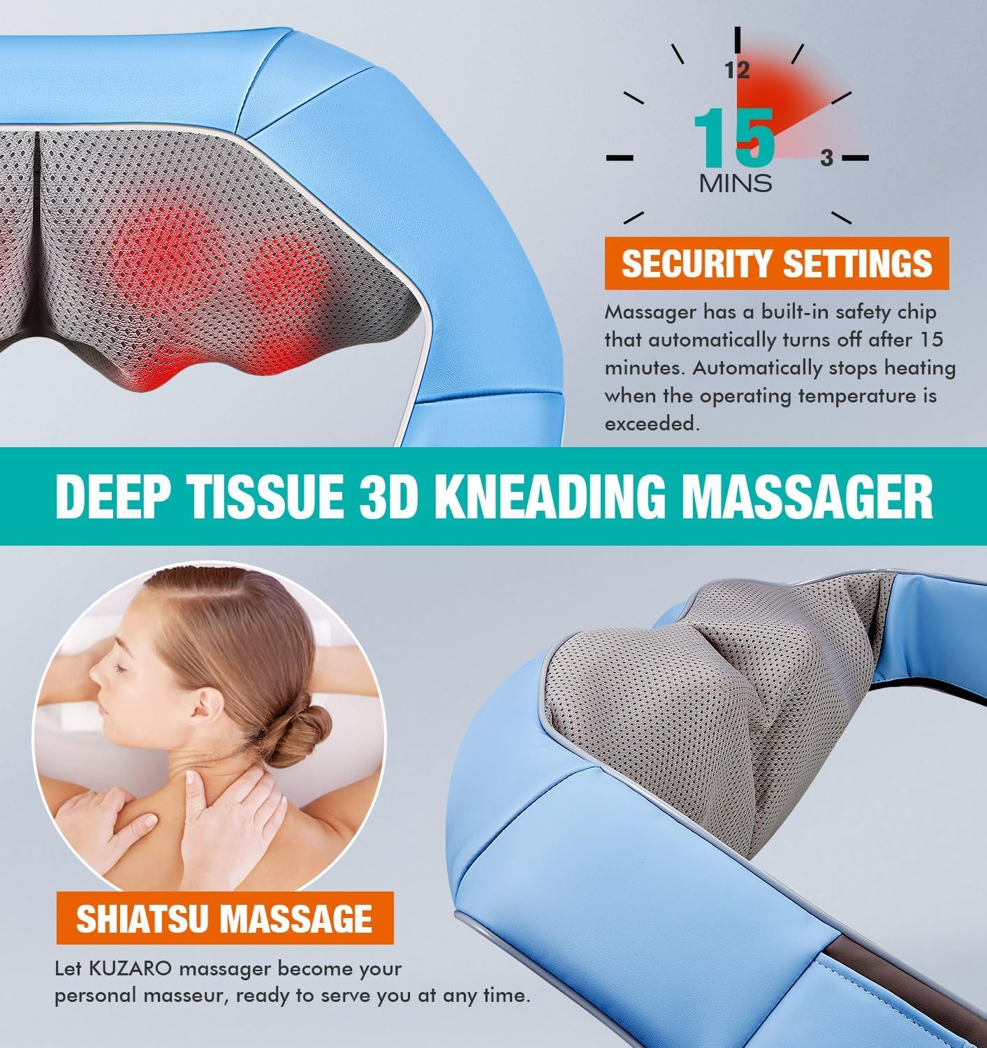 Kuzaro ergonomic U-shaped massager fitting the neck and back.