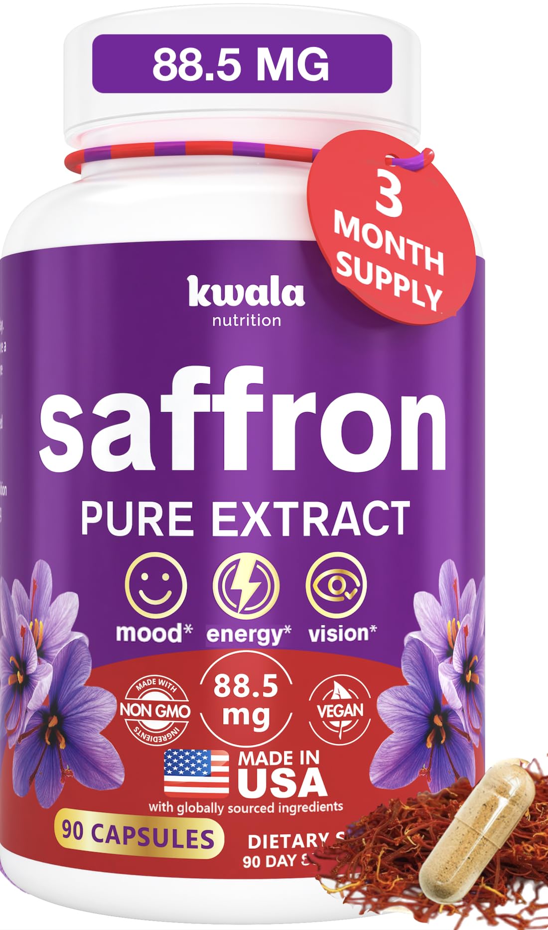 Kwala Nutrition saffron bottle close-up showing pure extract for mood support