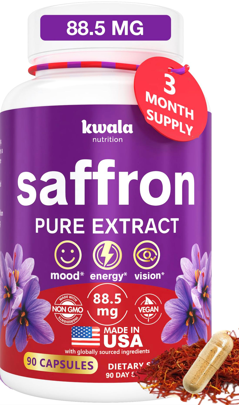 Kwala Nutrition saffron bottle close-up showing pure extract for mood support