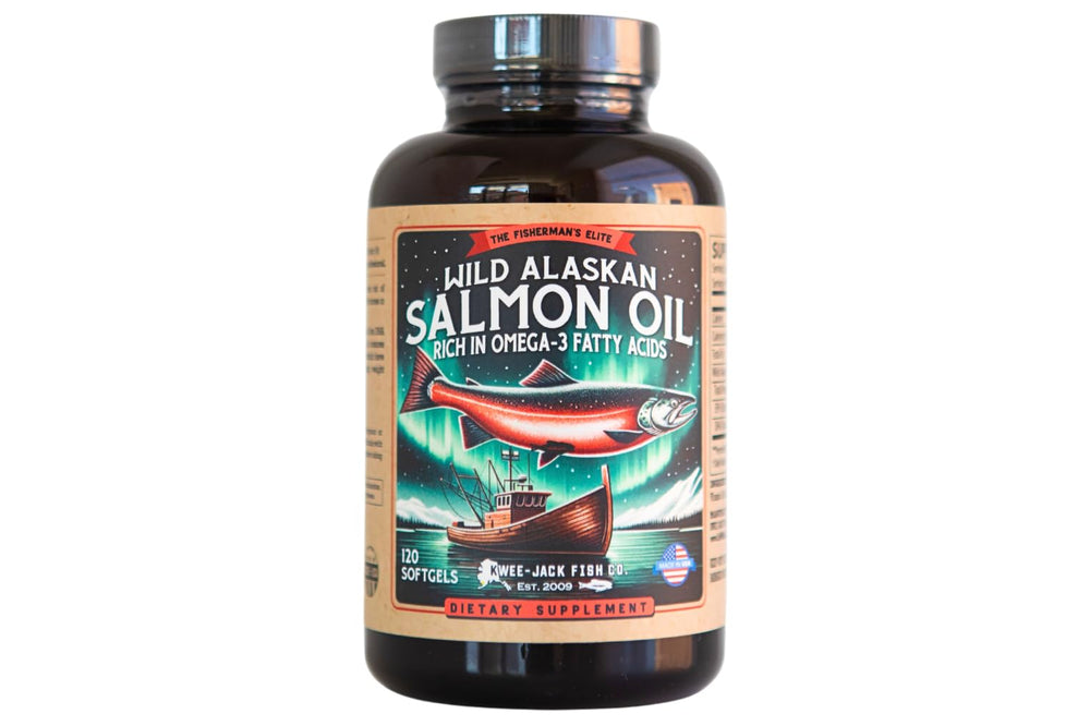 Kwee-Jack Wild Alaskan Salmon Oil bottle with softgels for daily omega-3 support.