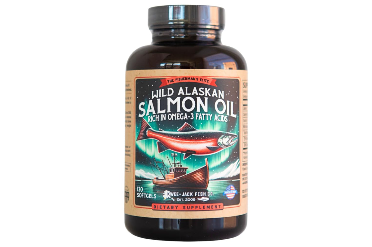 Kwee-Jack Wild Alaskan Salmon Oil bottle with softgels for daily omega-3 support.