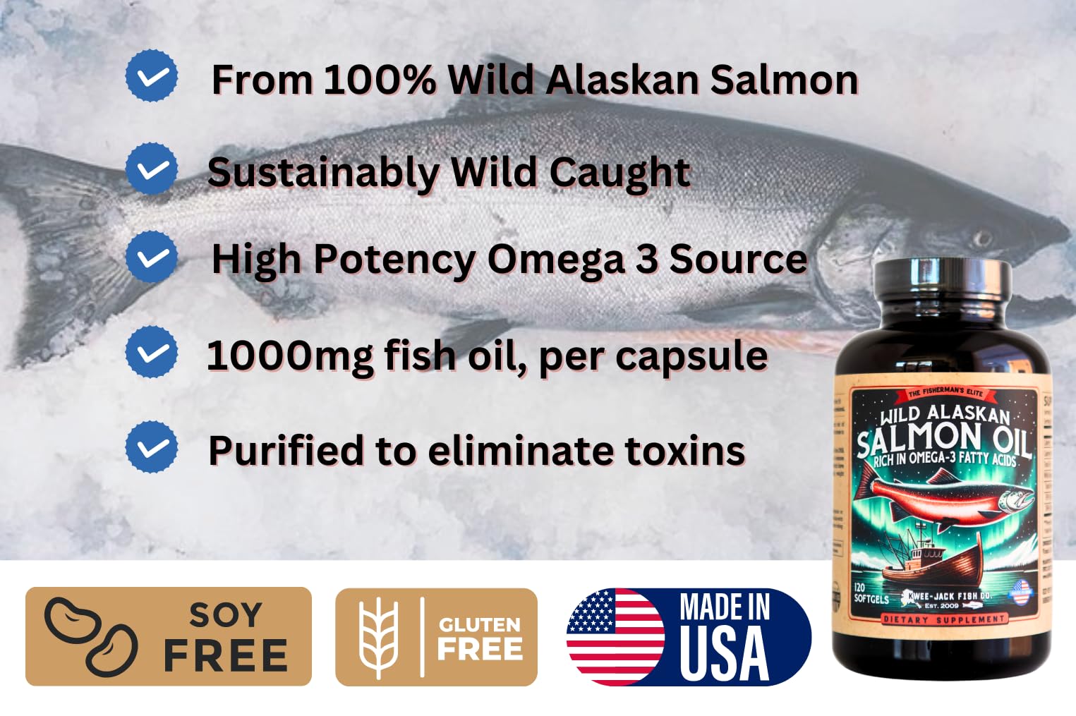 Kwee-Jack Salmon Oil label close-up highlighting purity and USA-sourced ingredients.