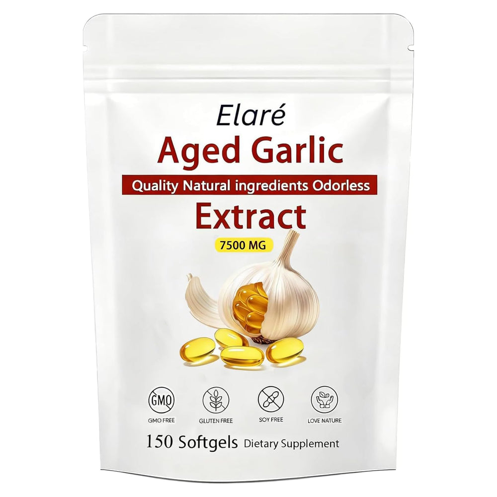 Kymezol Elare aged garlic bottle shows premium organic garlic source and packaging benefits.